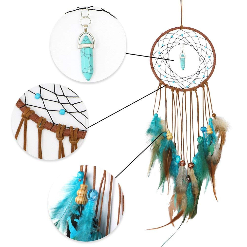 Attrape-Rêves Pendatif Voiture / Mur - Fait Main, Plumes, Perles - 50 Cm - Décoration Bohème Chambre Ou Rétroviseur