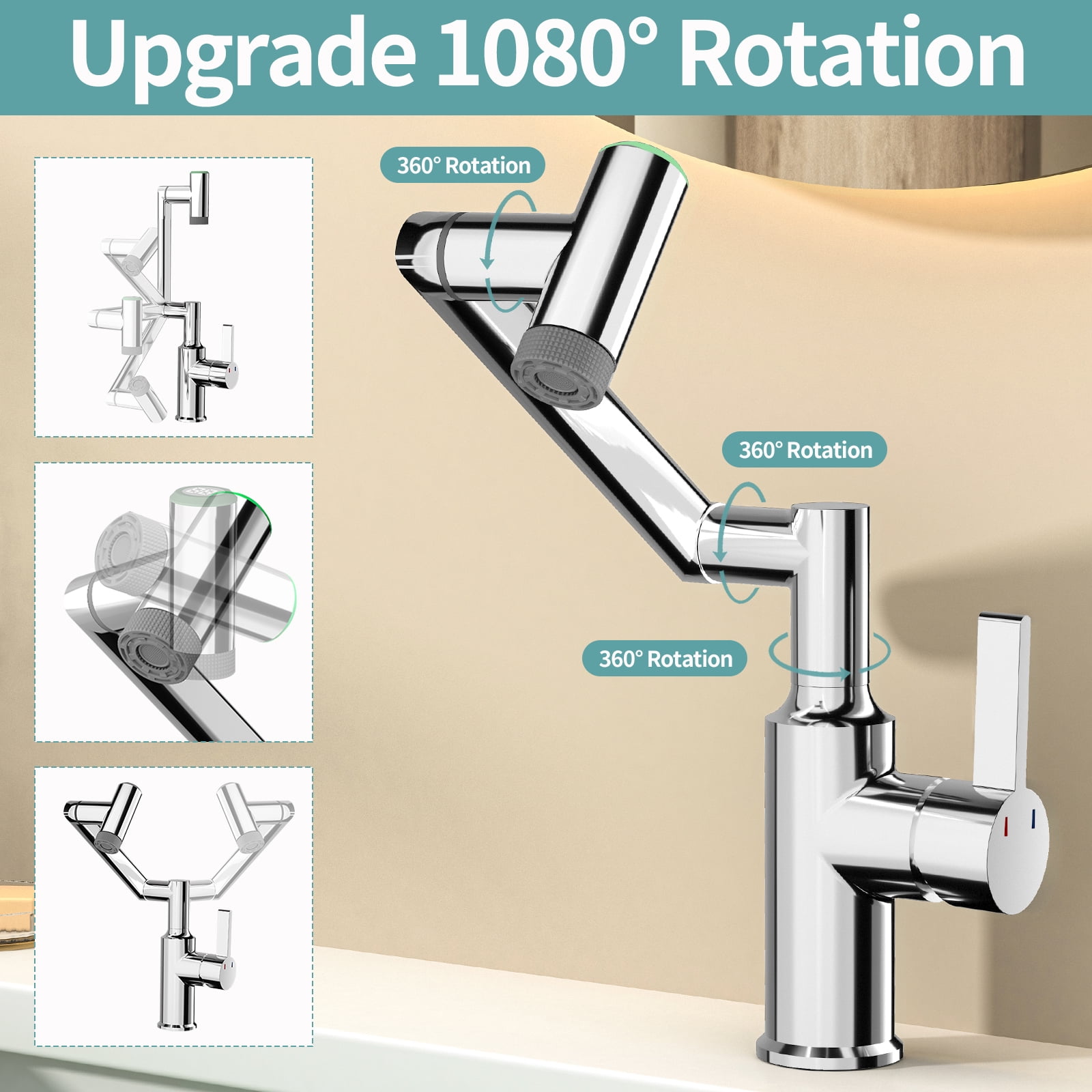 KAIYING Rotatable Bathroom Faucet with Digital Temperature Display, 1080 Degree Swivel Single Handle Sink Tap with 2 Spray Modes, Chrome
