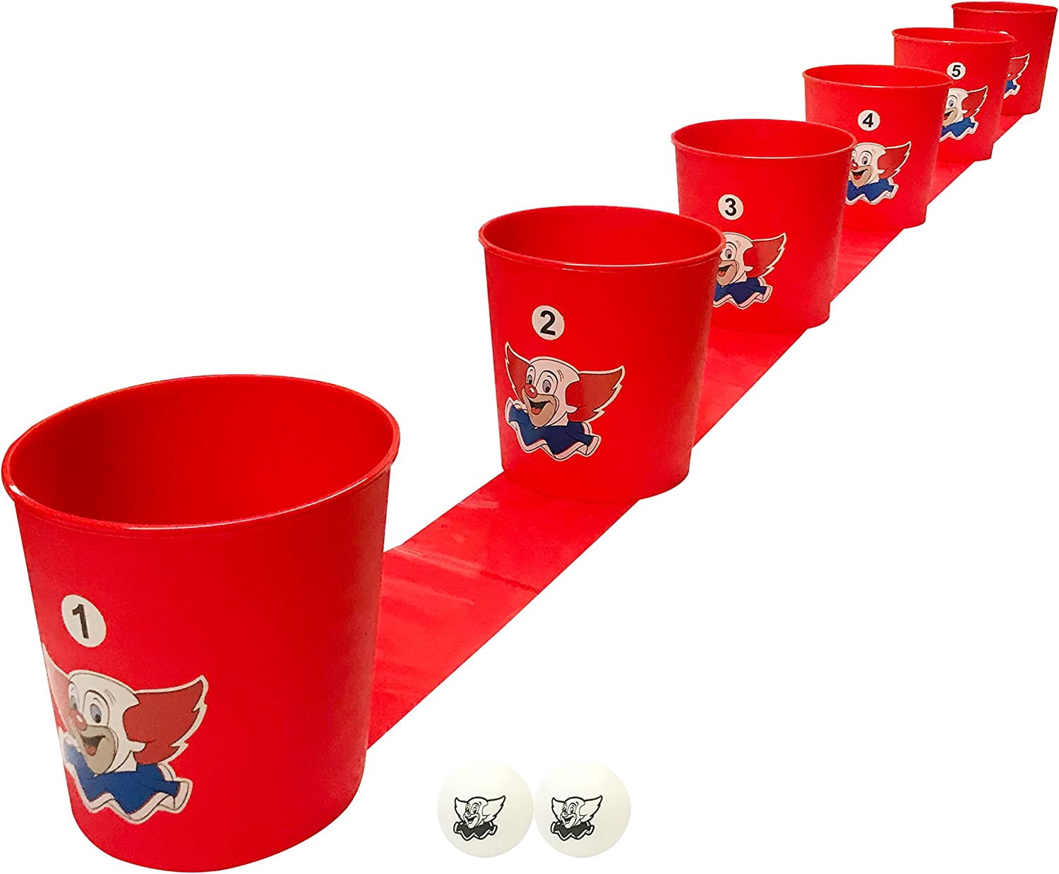 WARM FUZZY Toys Bozo The Clown Bucket Bonanza Grand Prize Game - Yard Games Pong Set with 6 Durable Buckets, 1 Vinyl Strip and 2 Balls, Cup Pong Throwing Game for Beach, Camping, Lawn and Backyard