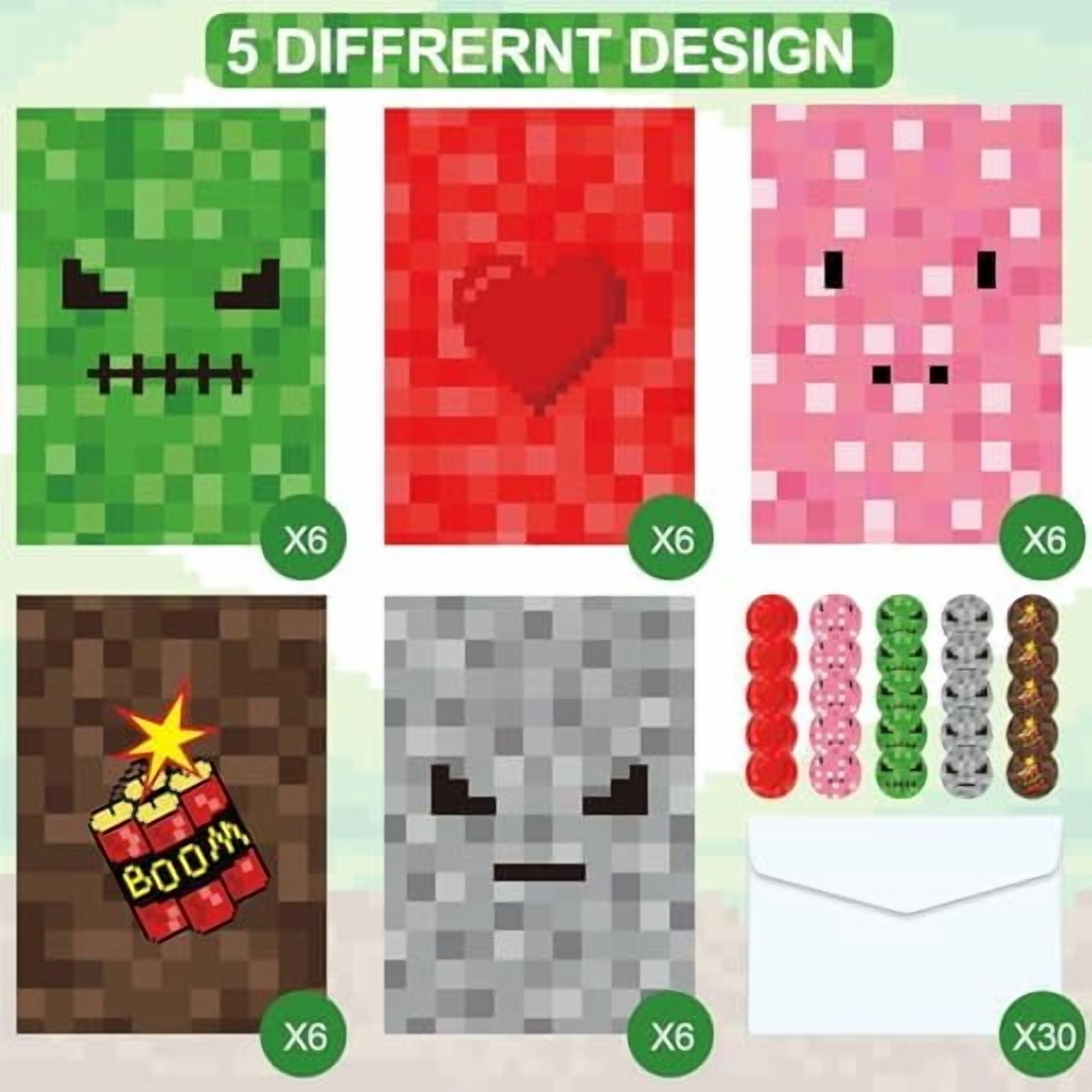 30 Sets Pixel Birthday Party Invitations with Envelopes Sticker Video Game Party Invitations Invites Card for Kids Boys Pixel Theme Favors