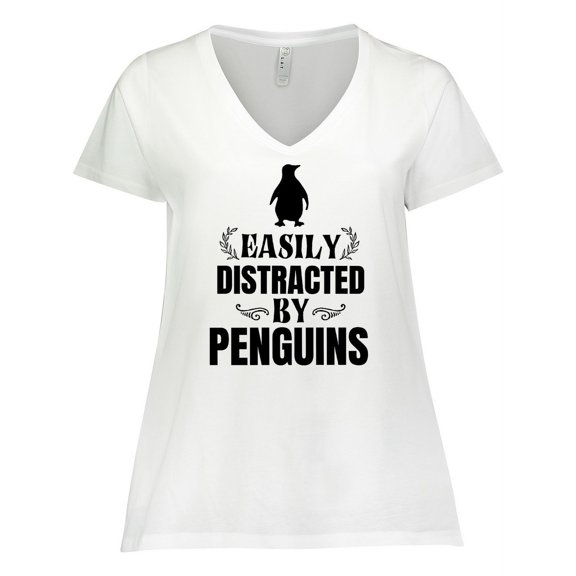 Inktastic Easily Distracted by Penguins Women's Plus Size V-Neck T-Shirt