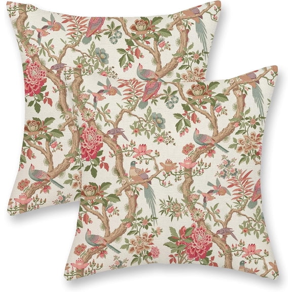 Preppy Pink Chinoiserie Pillow Covers 18x18 Inch 2 Pcs Brown Bird Floral Decor Throw Pillows Vintage Flower Spring Summer Outdoor Decoration Pillowcase Linen Cushion Cover for Couch Sofa