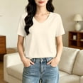 thumbnail image 4 of Vivianyo HD Women's V-Neck Short Sleeve Basic T Shirt, Casual Soft Loose Fit Daily Summer Tee Top, Women's Beige, Sizes S-2XL, 4 of 6