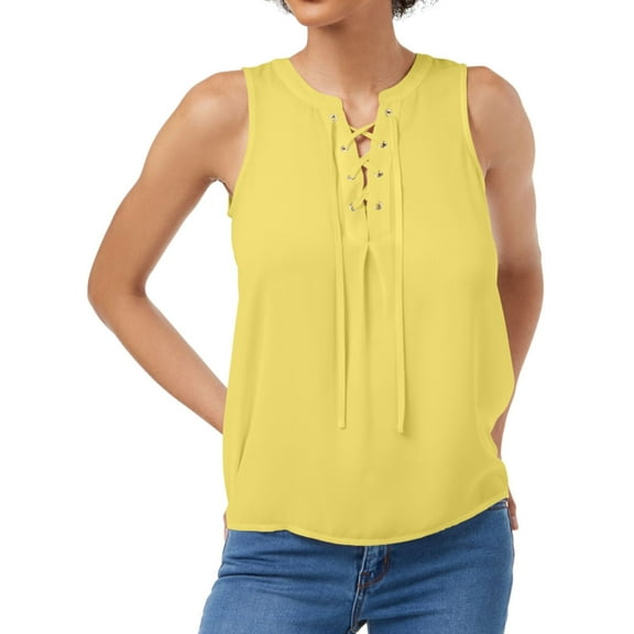 maison Jules Womens Lace Up Sleeveless Blouse Top, Yellow, XX-Small
