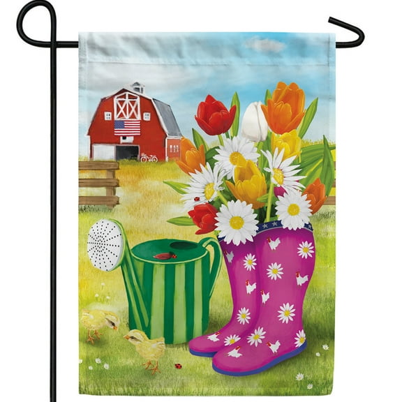 America Forever Spring Boots and Blossoms Garden Flag - Welcome Spring Daisies Tulips Watering Can Patriotic Barn Flag - Seasonal Yard Outdoor Decorative Double Sided Flag - 12.5 x 18 inches