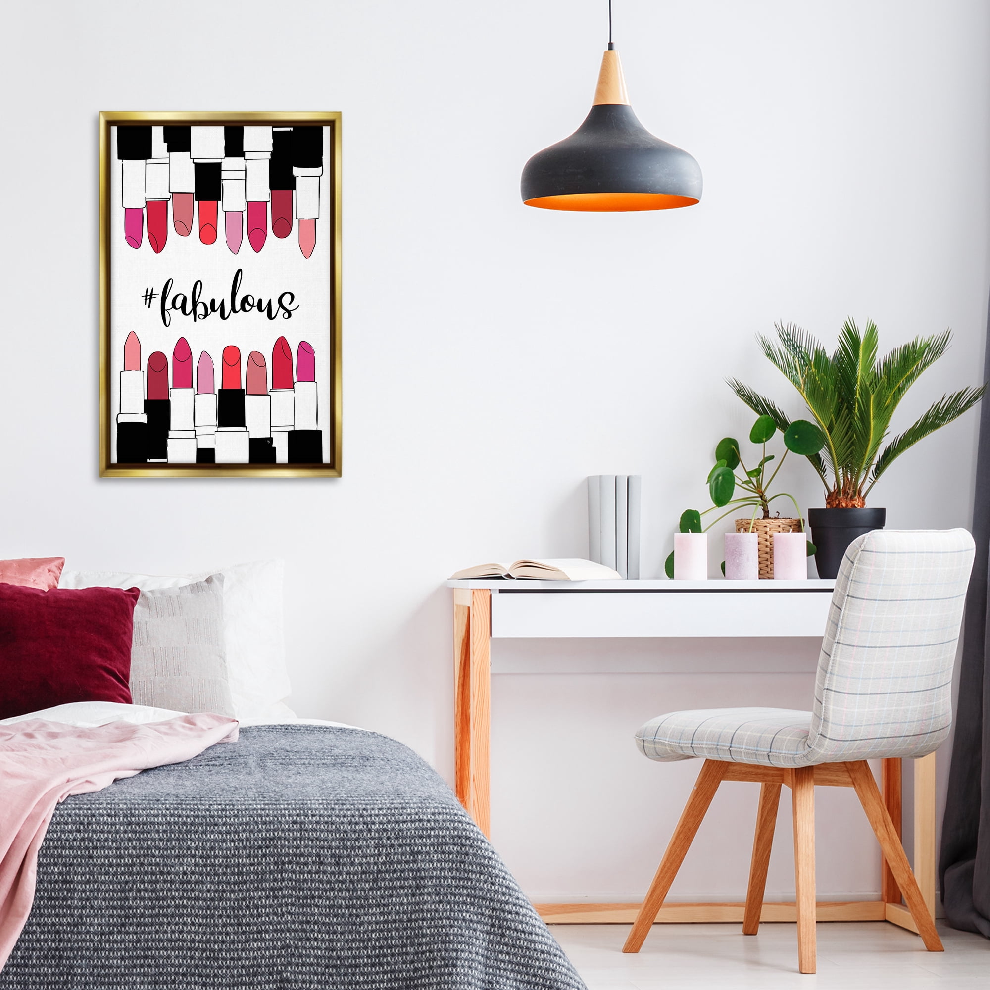 Stupell Industries Hashtag Fabulous Lipstick Beauty & Fashion Painting Gold Floater Framed Art Print Wall Art, 21 x 31