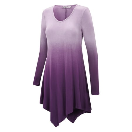 - MBJ Womens V Neck Long Sleeve Dip Dye Handkerchief Hem Tunic Top