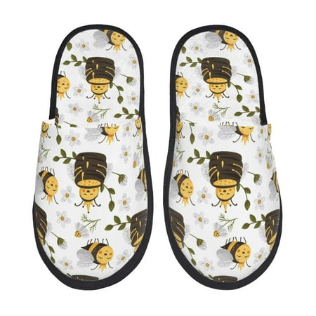 Balery Honey Bee Insect Slient Indoor Furry Fleece Comfort House Shoes Soft Non-Slip Home Shoes Cotton slippers House Slippers-- Large