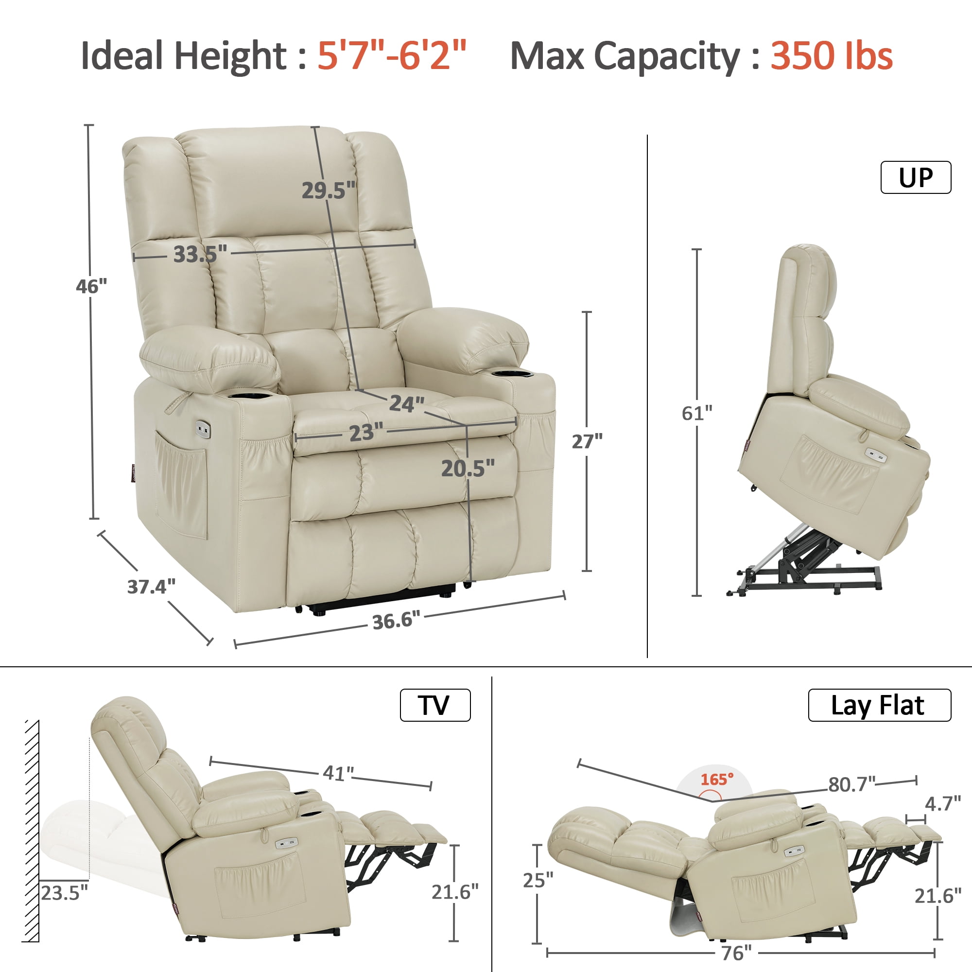 MCombo Large Lay Flat Dual Motor Power Lift Recliner for Big and Tall Elderly, Faux Leather(Cream White)