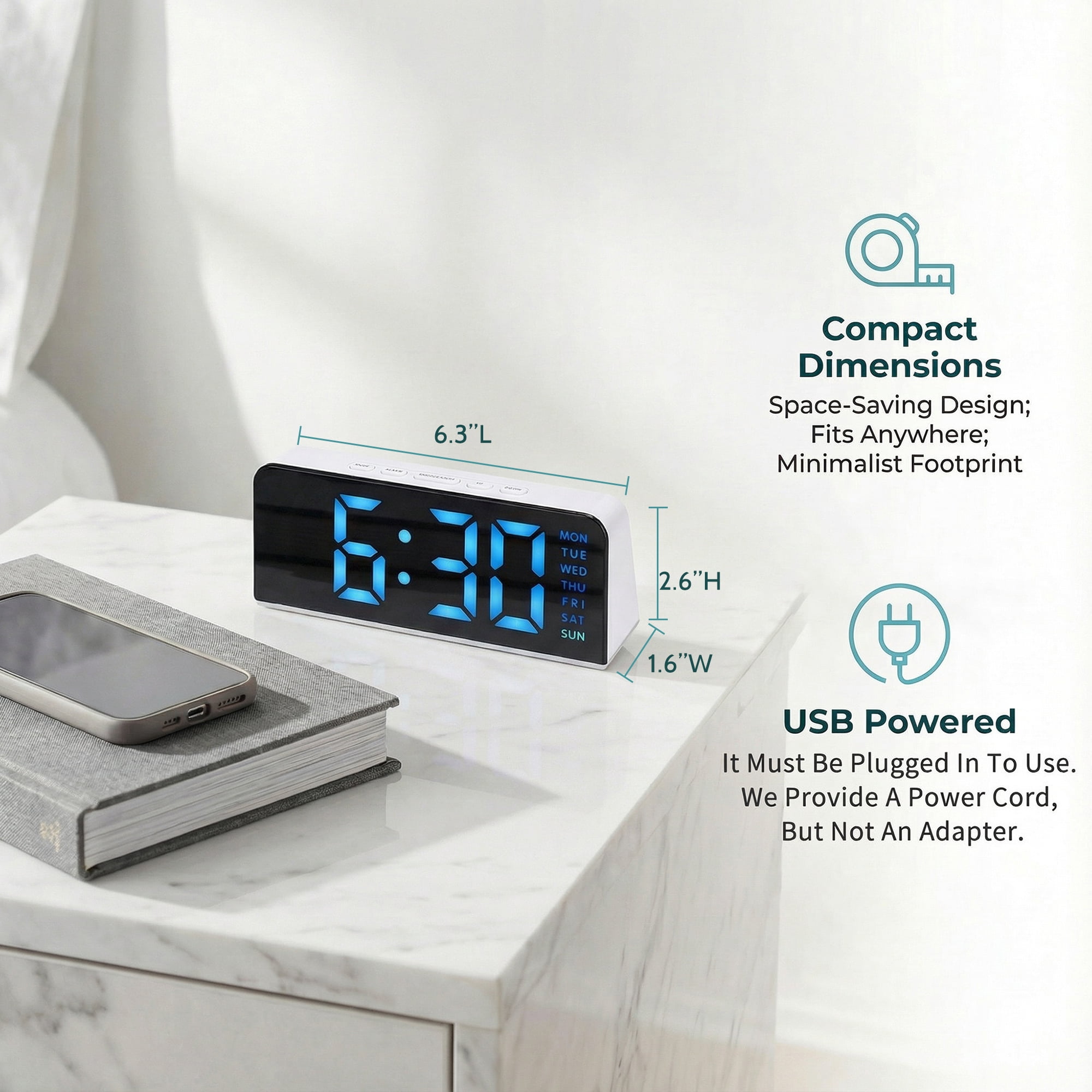 Unique Bargains Dimmable Dual Alarm Clock with Snooze Function 6.3" x 1.6" x 2.6"
