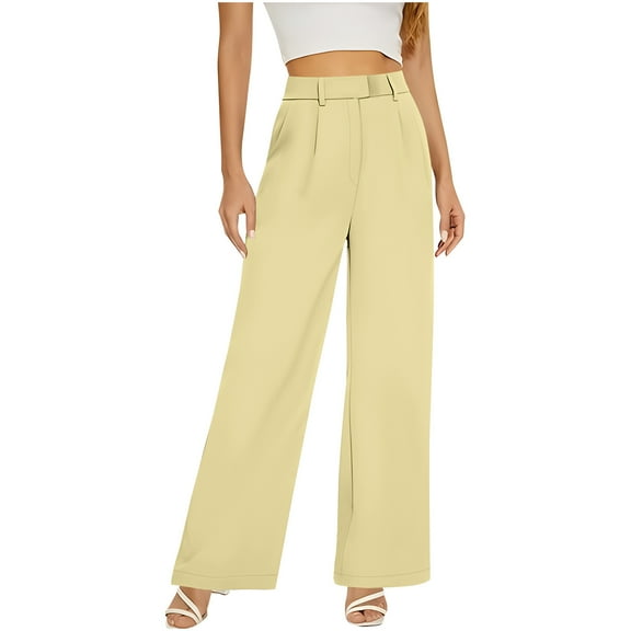 ZHYou Womens Pants High Waisted,Wide Leg,Pleated,Flowy,Casual Baggy Trousers,Yellow,Size XL