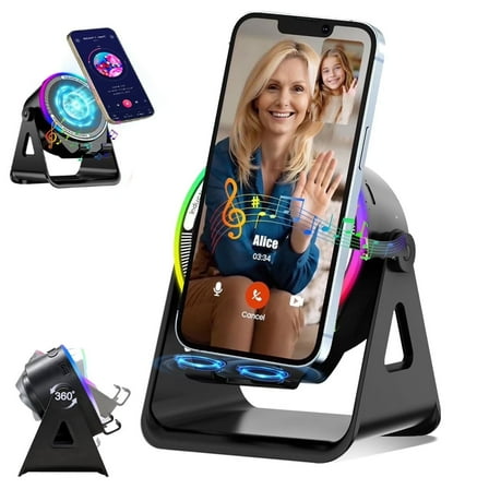 Wireless Induction Speaker with Phone Stand ,5 in 1 Bluetooth Speaker Amplifier Stereo Sound, RGB Ambient Light, 360° Adjustable Phone Holder Compatible with iPhone/iPad/Android