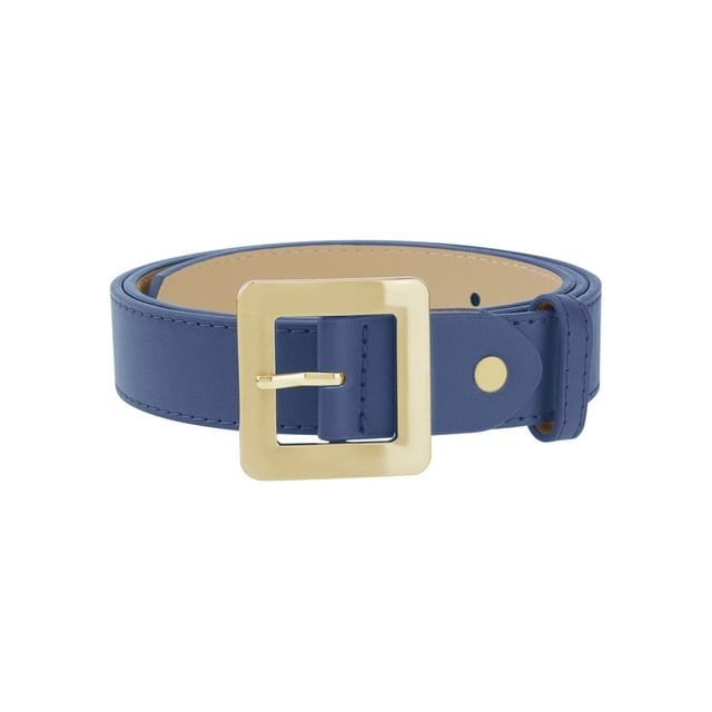 Cinturones de hebilla cuadrada dorada INSPIRE CHIC para mujeres, 1.1" de ancho, banda de cintura de cuero sintético simple y de moda para vestidos y jeans 40.6x1.1" azul oscuro