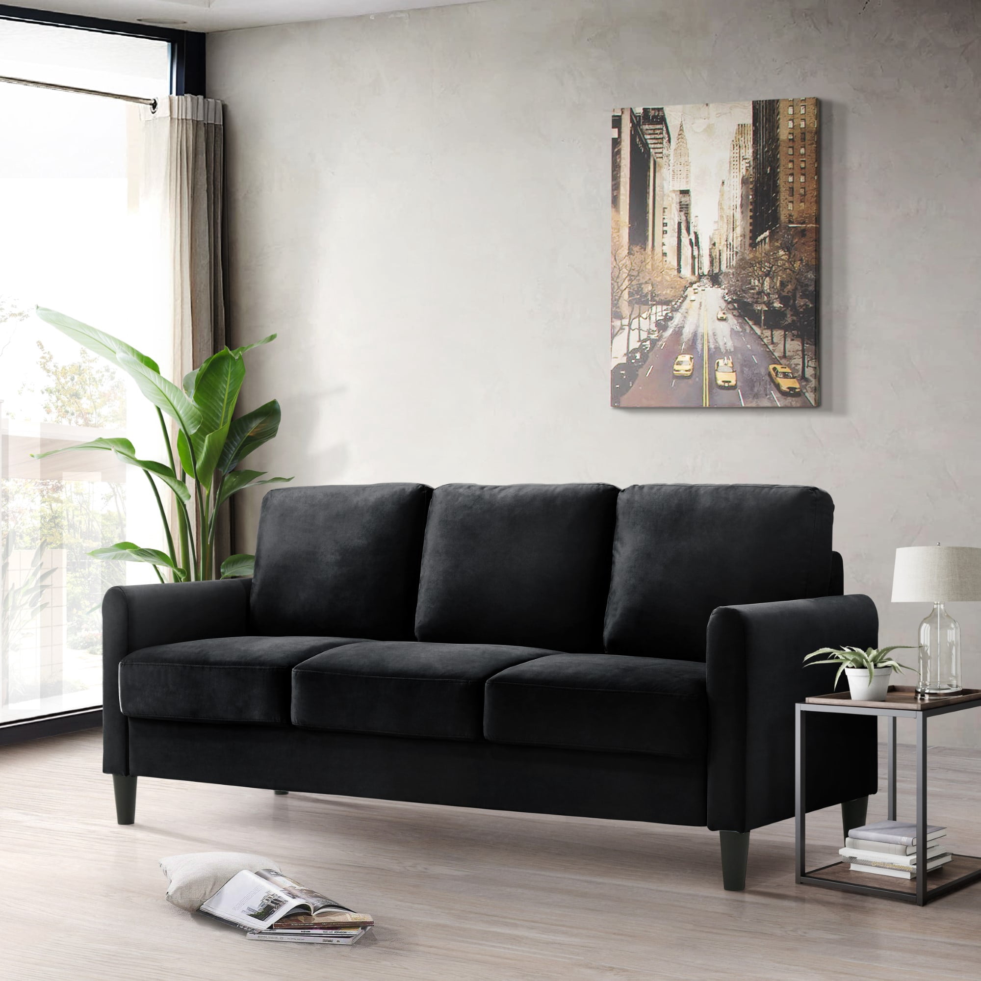 Home Design Airell Velvet Arm Sofa with Plush Armrests and Sleek Black Legs, Modern Upholstered Design for Living Room, Black
