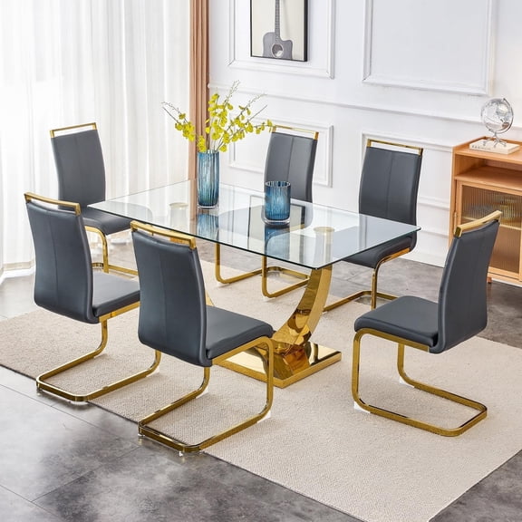 SUDICA Modern 63" Glass Dining Table Set for 6, Tempered Rectangle Table with Gold Base and PU Leather Chairs for Dining Room and Kitchen