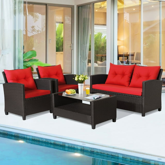 Gymax Ensemble de Conversation Extérieur 4 Pcs en Rotin PE avec Table en Verre et Coussins de Canapé Rouges