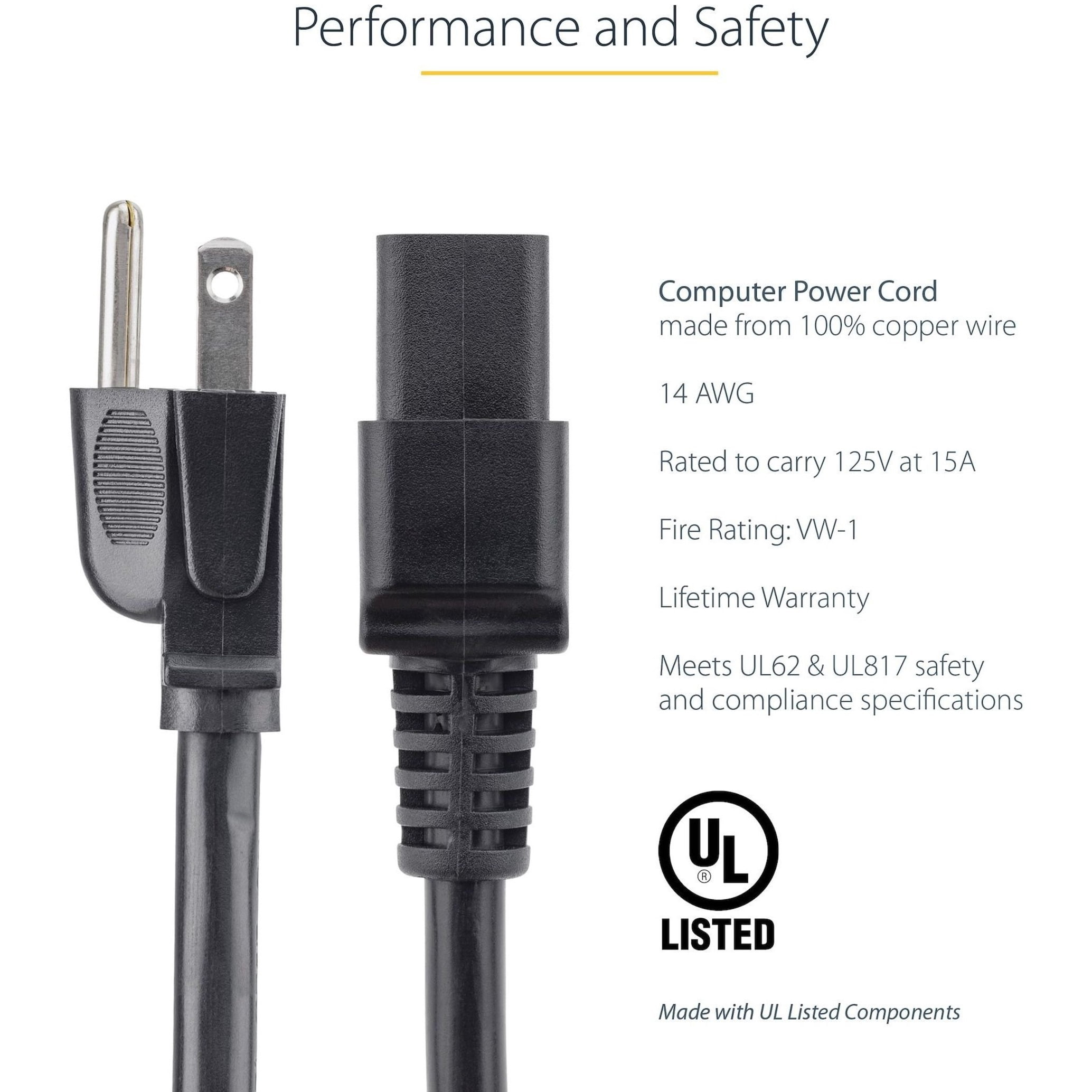 StarTech 6 ft Heavy Duty 14 AWG Computer Power Cord - NEMA 5-15P to C19