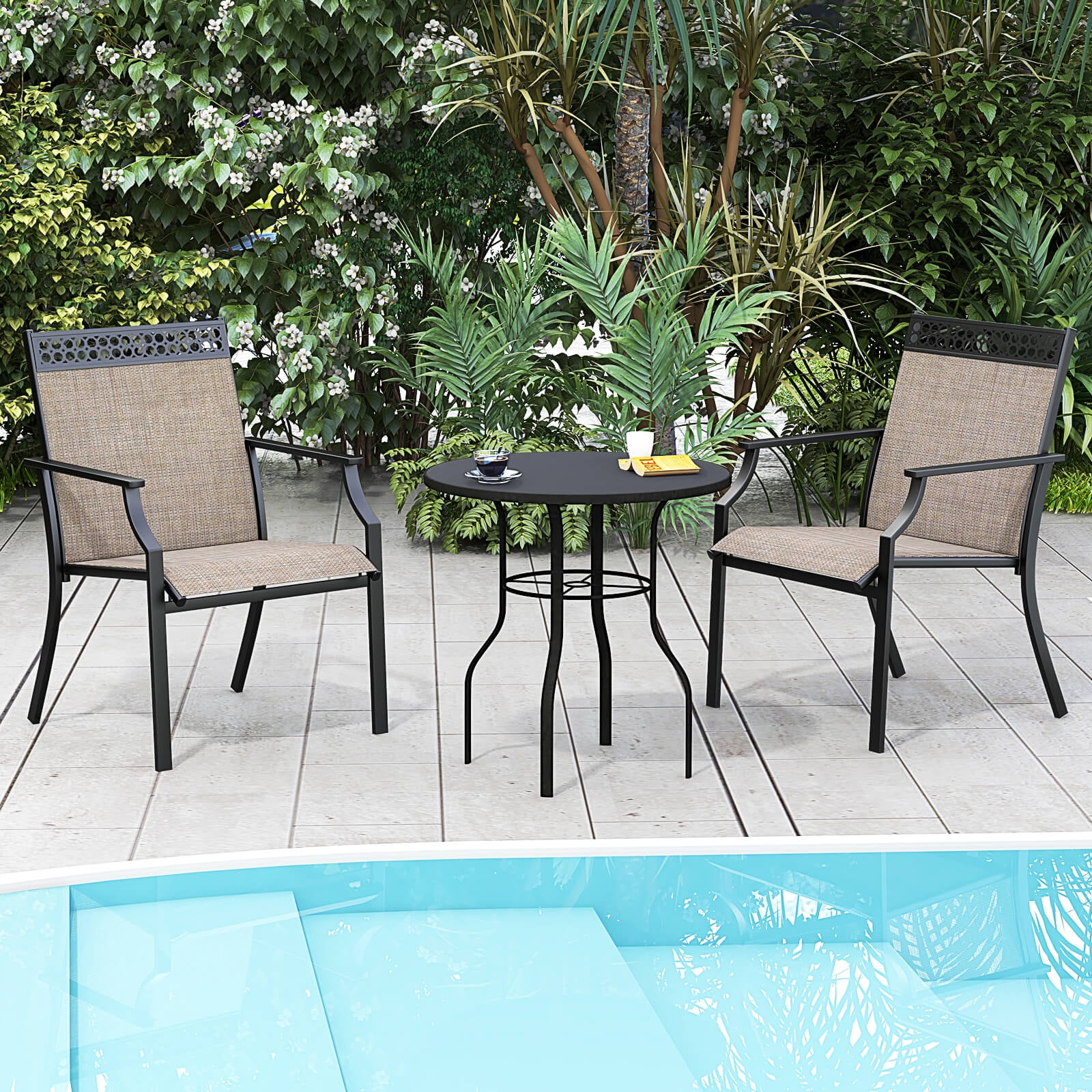 Costway Patio Chairs Set of 2 with All Weather Breathable Fabric High Backrest Coffee
