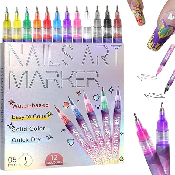 12 Colors Nail Art Pens Set, Nail Art Markers with Fine Tip, Quick Dry Nail Polish Pens for Drawing, Lining & DIY Manicure Design (A1)