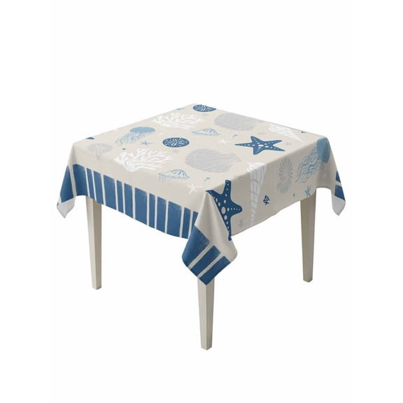 Blue Coastal Table Cloth, Vintage Ocean Nautical Starfish Coral Striped Waterproof Tablecloth for Square Tables, Reusable Washable Fabric Table Cover for Restaurant Kitchen Dining Tables 60"x60"