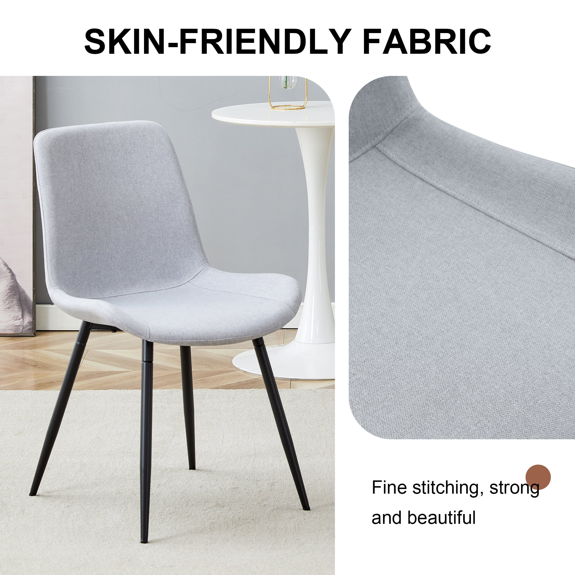 TesNus Light Grey Linen-Cotton Dining Chairs Set of 4, Upholstered Modern Seat with Black Metal Legs for Dining Room Kitchen