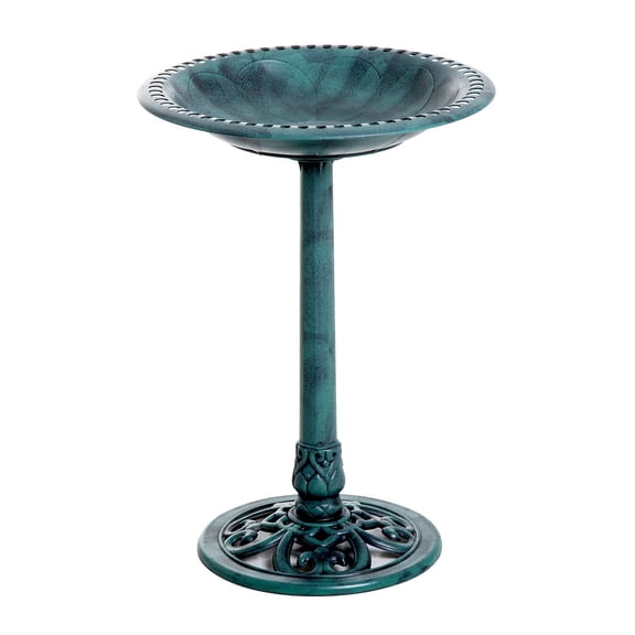28" Outdoor Resin Bird Bath with Fleur De Lis Pedestal Base, Decorative Garden Birdbath with Shell-Shaped Bowl, Weather and Frost Resistant Patio Bird Bath for Yard, Lawn, Garden Decor, Verdigris Fin