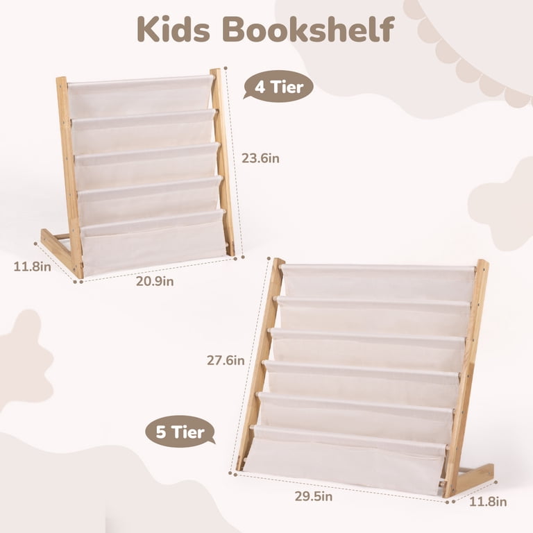 Caveen 4-Tier Wooden Kids Bookshelf with Canvas Bins, Beige photo 7