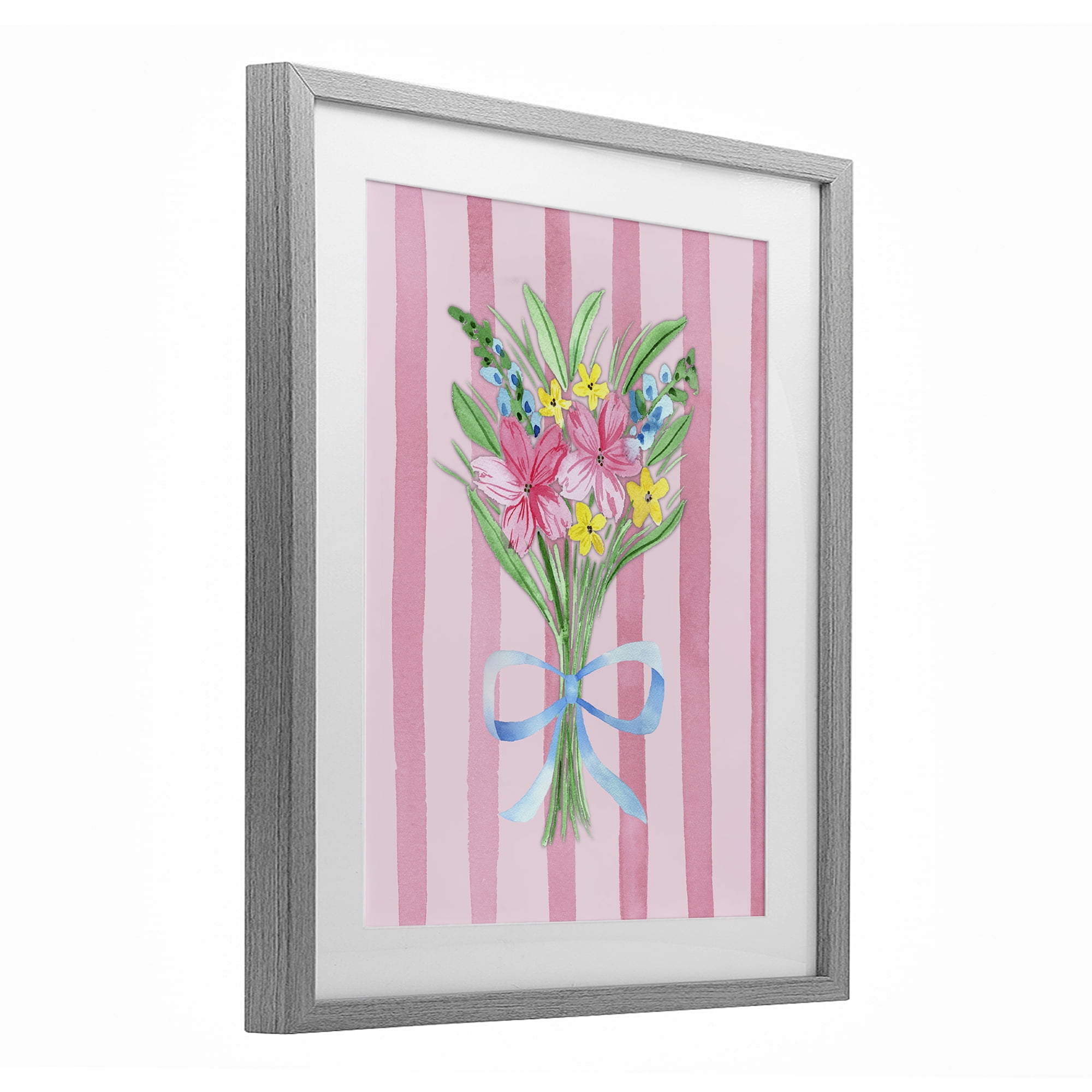 Spring Bouquet Pink & Blue Gray Framed Print Under Glass, design by Nina Jacobs