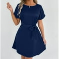 thumbnail image 3 of Robe Décontractée Grande Taille pour Femmes à Manches Courtes avec Ceinture Nœud Col Rond Fluide Confortable pour Fête Vacances Printemps Automne Usage Quotidien, 3 of 6