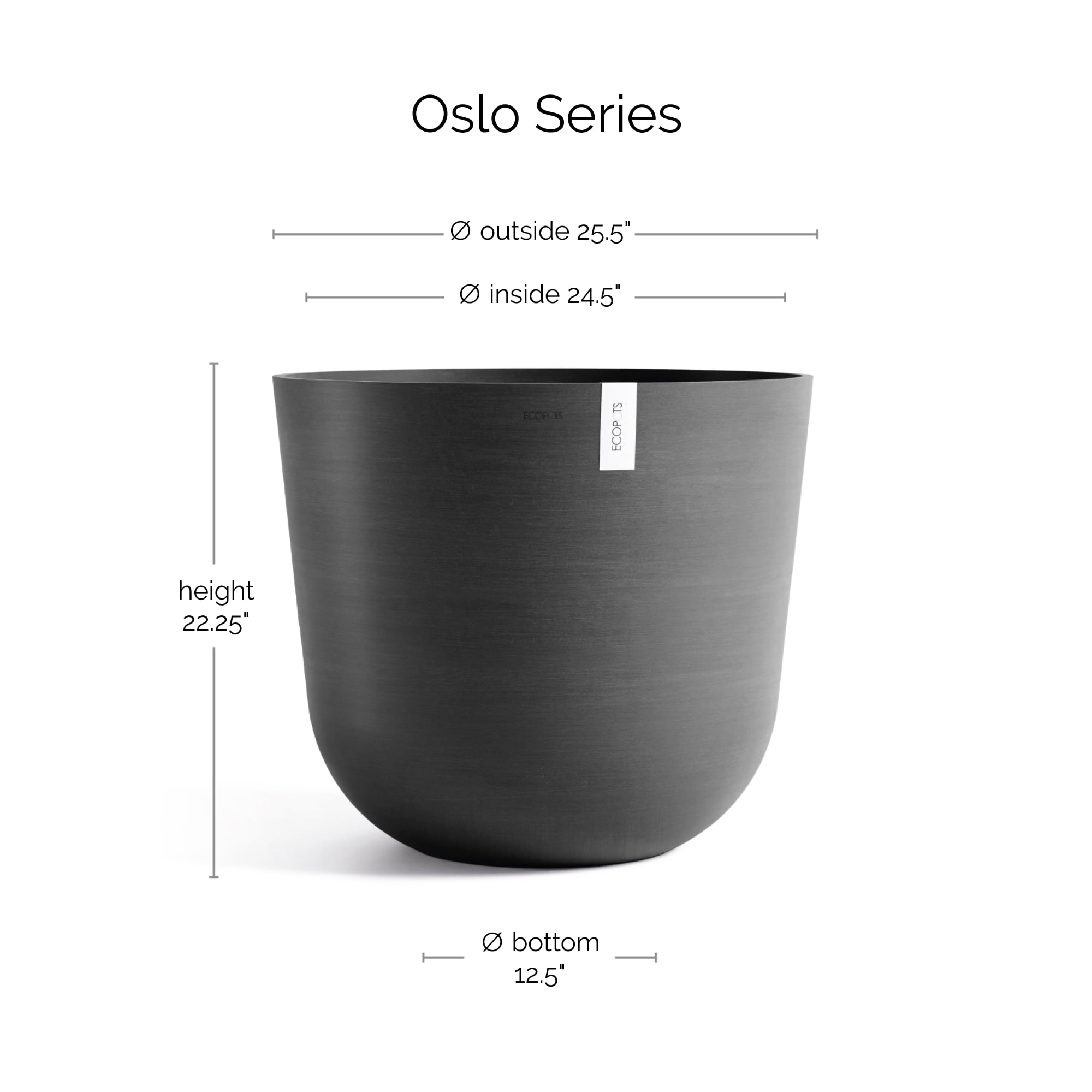 Ecopots Oslo Durable Modern Round Indoor/Outdoor Recycled Based Composite Flower Pot Planter, Dark Grey, 25.5"
