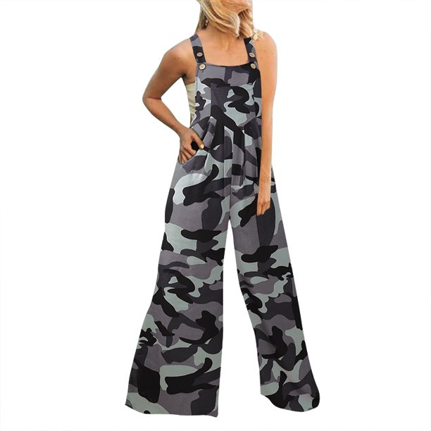 ZANZEA Women Sleeveless Camouflage/Leopard Print Wide Leg Jumpsuit