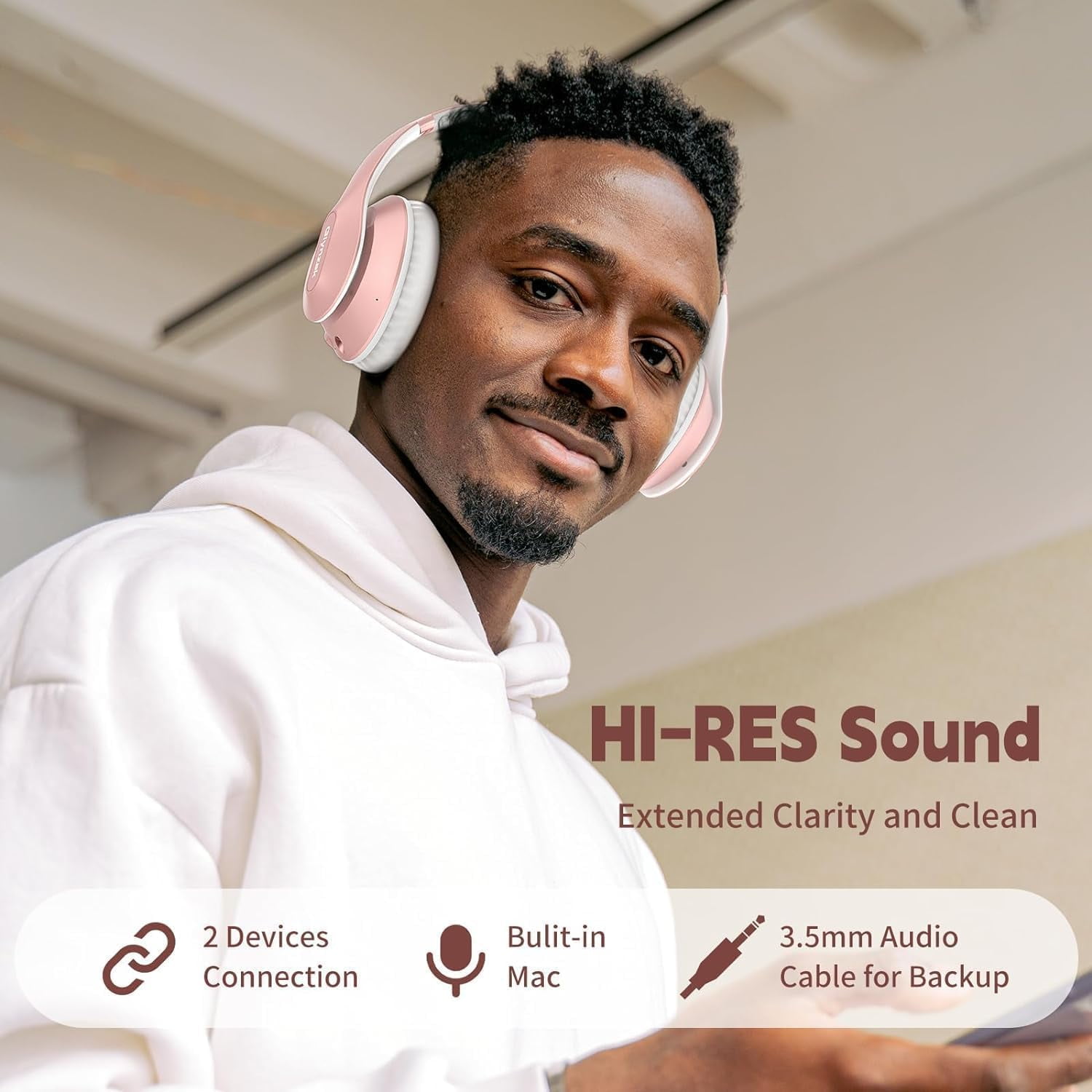 Wireless Over Ear 65H Playtime HiFi Stereo Headset with Microphone and 6EQ Modes Foldable Bluetooth V6.0 Headphones for Travel Smartphone Computer Laptop Rose Gold