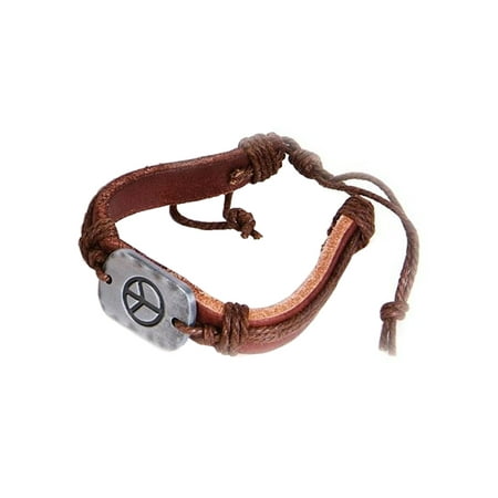 Womens Peace Bracelet - 60's Hippie Metal Peace Sign Braided Leather Bracelet Costume Accessory