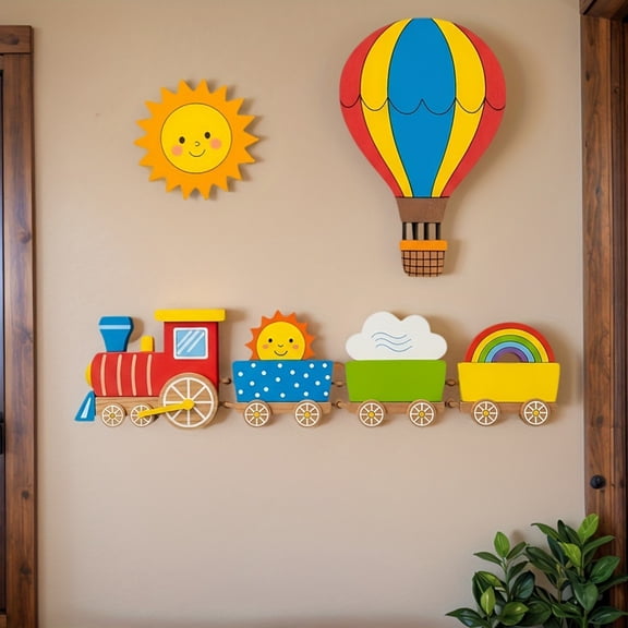 QuickGo 4Pcs Cartoon Train Hot Air Balloon 3D Wooden Wall Decor, Colorful Kids Room Wood Wall Hanging, Nursery Educational Wall Ornament for Bedroom Playroom Classroom