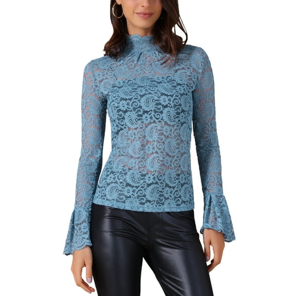 INSPIRE CHIC Women's Top Floral Lace Mesh Sheer Crew Mock Neck Casual Tops XS Blue
