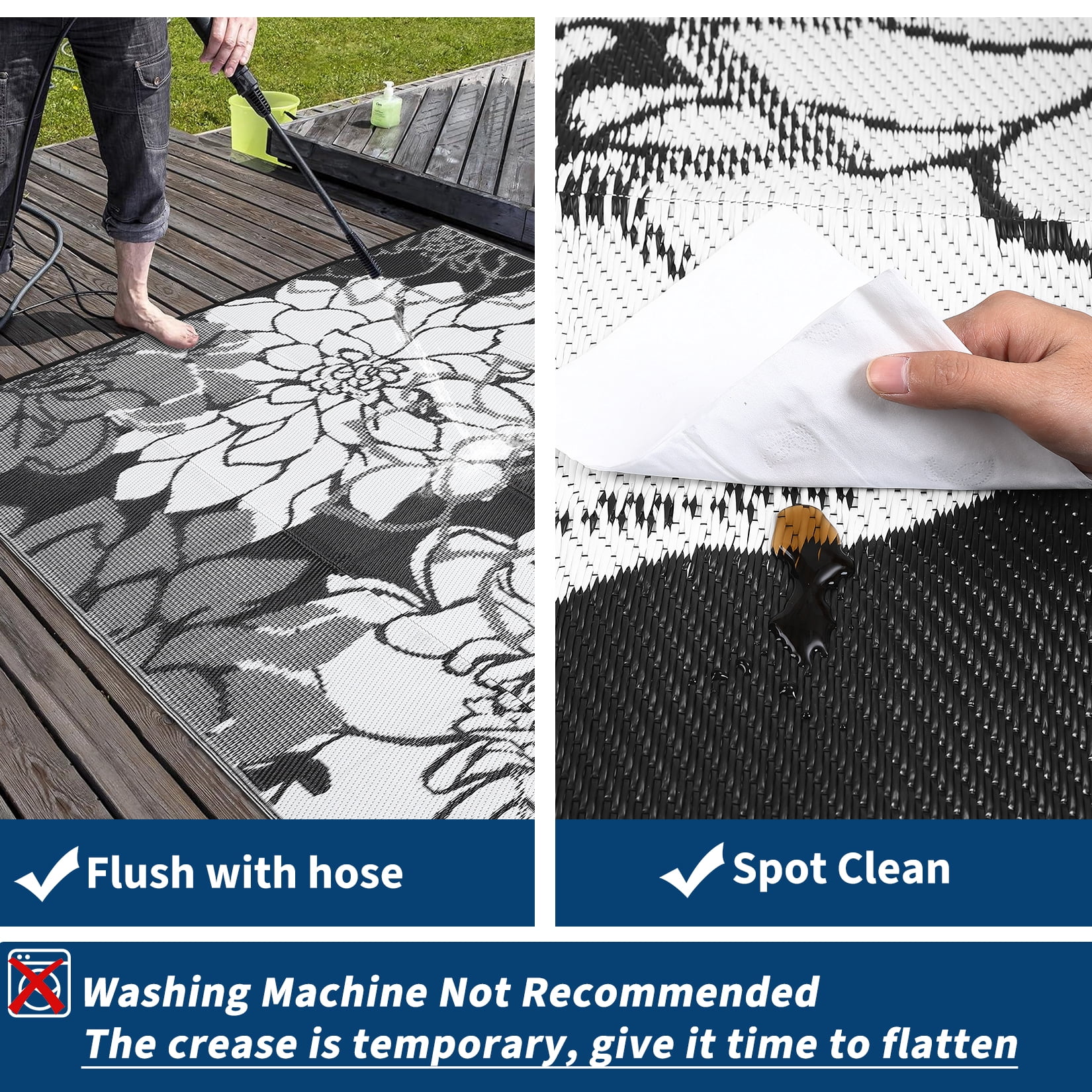 Nanan 9x12ft Outdoor Rug Waterproof Reversible Plastic Straw Patio Rug, UV Resistance Portable Floral Camping Carpet for Deck, Porch, Balcony, Backyard, Black White
