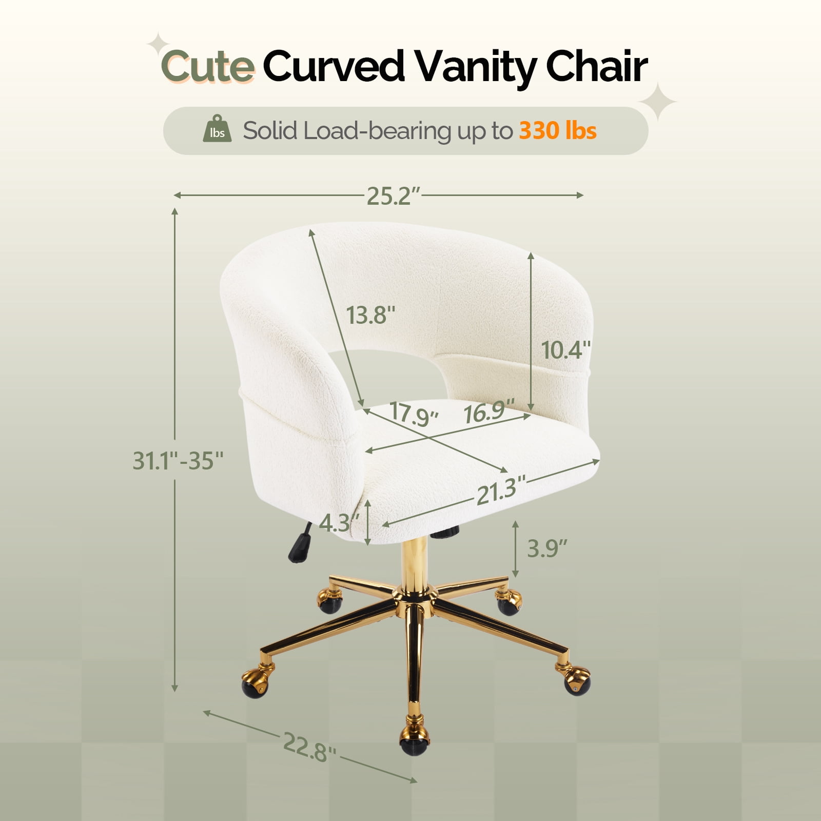 UBesGoo Modern Swivel Accent Chair, Flannel Makeup Vanity Chair, Highly Adjustable Desk Chair for Living Room Dorm Office, White