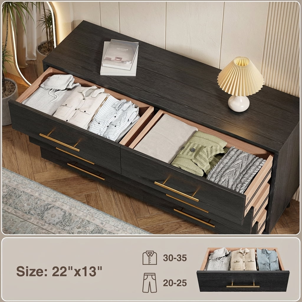 Aiho Modern 6 Drawer Wood Dressers, Wide Chest of Drawers with Metal Handles for Living Room, Bedroom, Black