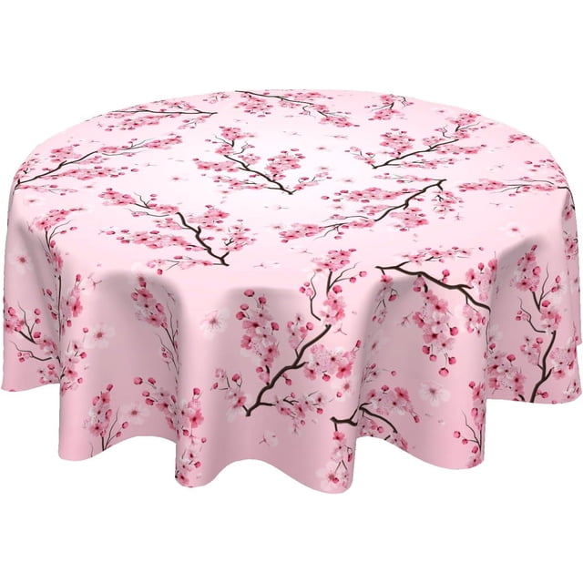 Spring Tablecloth Round 60 Inch Japanese Cherry Blossom Tree Table Cloth Washable Spring Vintage Pink Flower Decorative Outdoor Table Cover for Dining Room Kitchen Holiday Party Picnic Home Decor