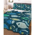 thumbnail image 3 of Quilts Queen Size Bedding Set, Deep Green Fishes Lightweight Quilted Comforter, Cartoon Coastal Ocean Fish Striped Soft Reversible Bedspread Coverlet with Pillow Covers for All Season, 90" x 96", 3 of 7