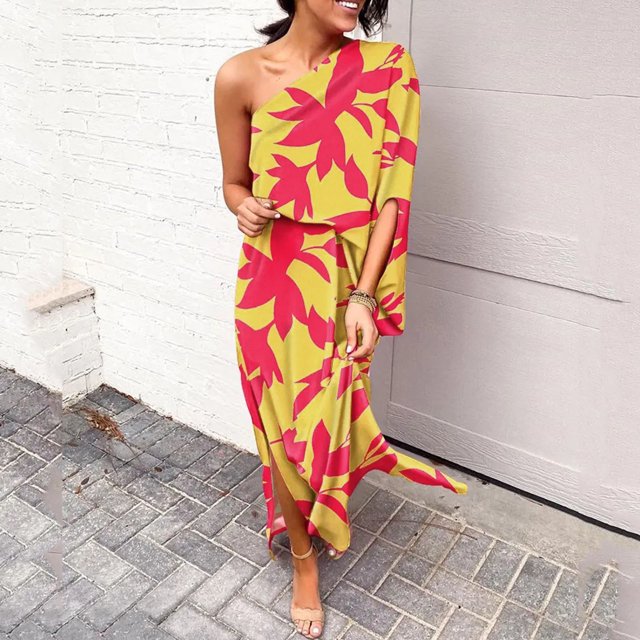WILLBEST Rihoas Dress Womens Floral Print One Shoulder Ruched Short Dress Sleeve Asymmetrical Hem Wrap Front Party Dresses
