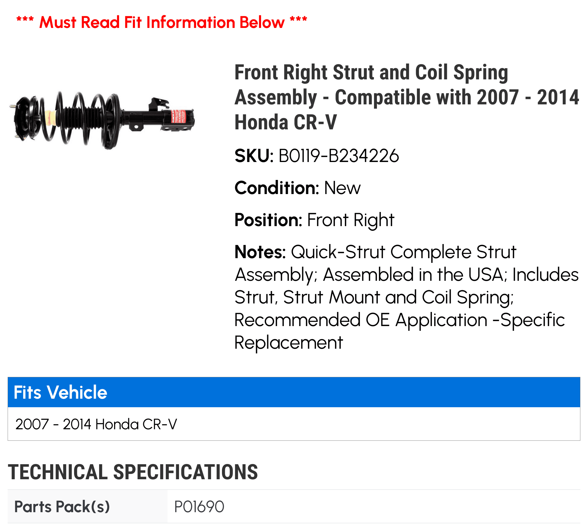 Front Right Strut and Coil Spring Assembly - Compatible with 2007 - 2014 Honda CR-V 2008 2009 2010 2011 2012 2013
