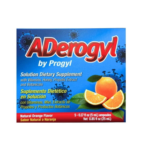 ADerogyl by Progyl - 5 Ampolletas Vitaminas Miel, Propolio, with Vitamins A, C, D, E, Zinc, Honey, Propolis- Natural Orange Flavor - 5 Ampoules (0.85 fl oz / 25 ml) Immune Support