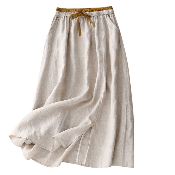 IROINNID Summer Casual Women's Skirt,Mid-length Elastic Waist Loose Skirt,Soft Breathable Floral Linen Skirt,Everyday Daily Wear for Ladies