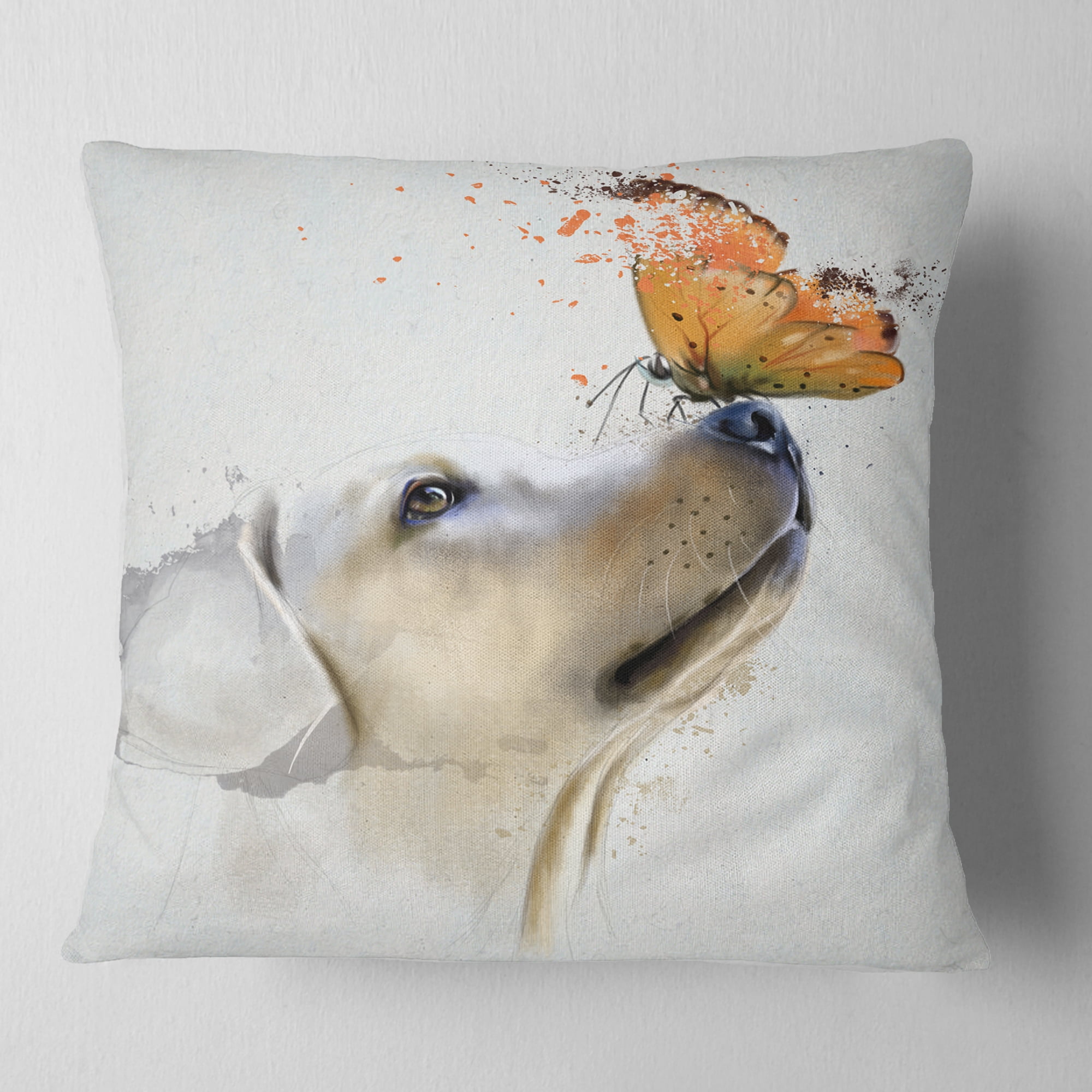 Designart Golden Retriever Dog with Butterfly - Animal Throw Pillow - 16x16