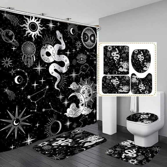 4PCS Celestial Shower Curtain Sets with Rugs, Waterproof Fabric Black Shower Curtain, Sun and Moon Witch Hand Astrology Mandala Gothic Witchy Zodiac Mystic Boho Constellation Bathroom Decor