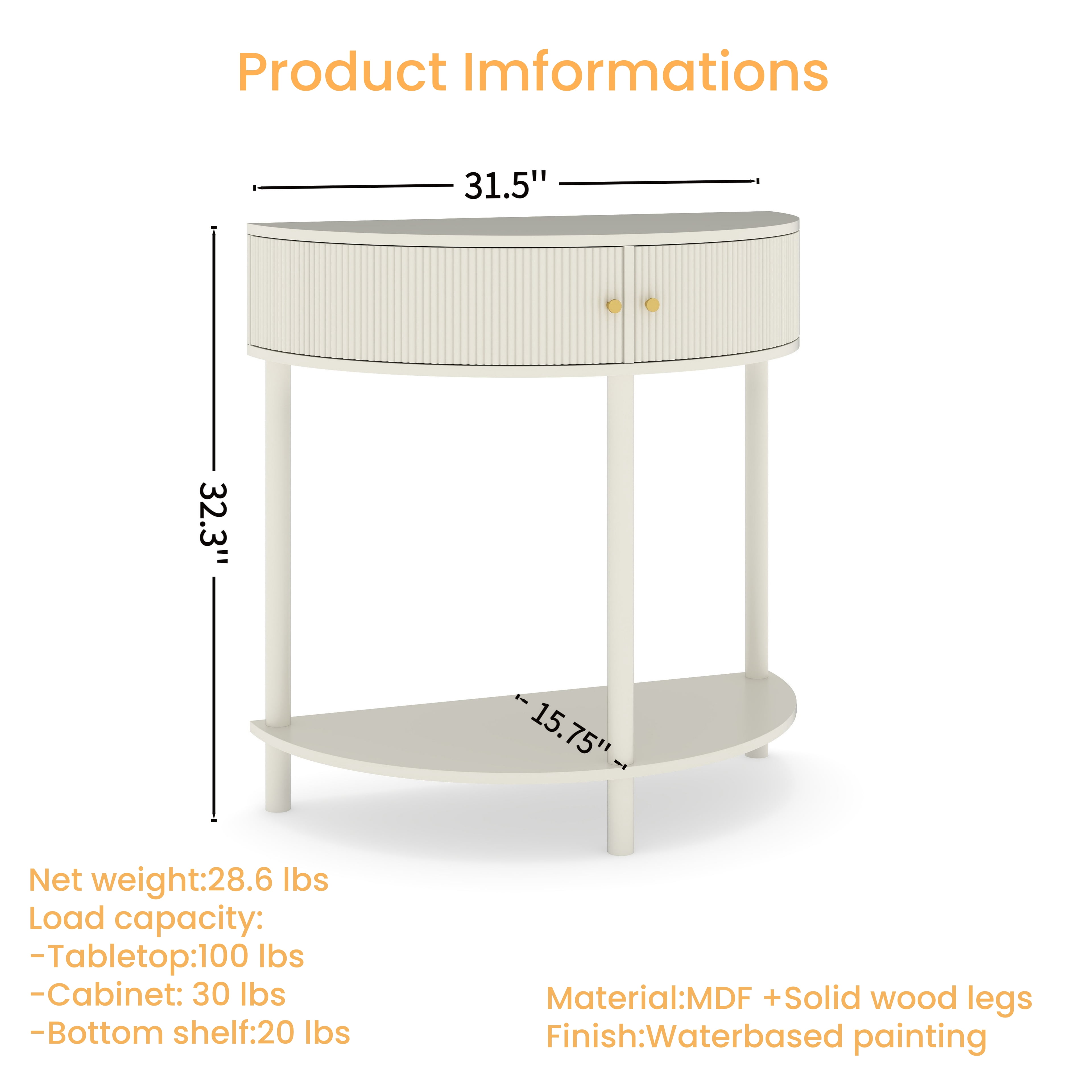 Console Table, End Table, Wave-Pattern Demi-Lune Design with 2 Storage Drawers and Bottom Shelf for Hallway or Bedroom, Cream White