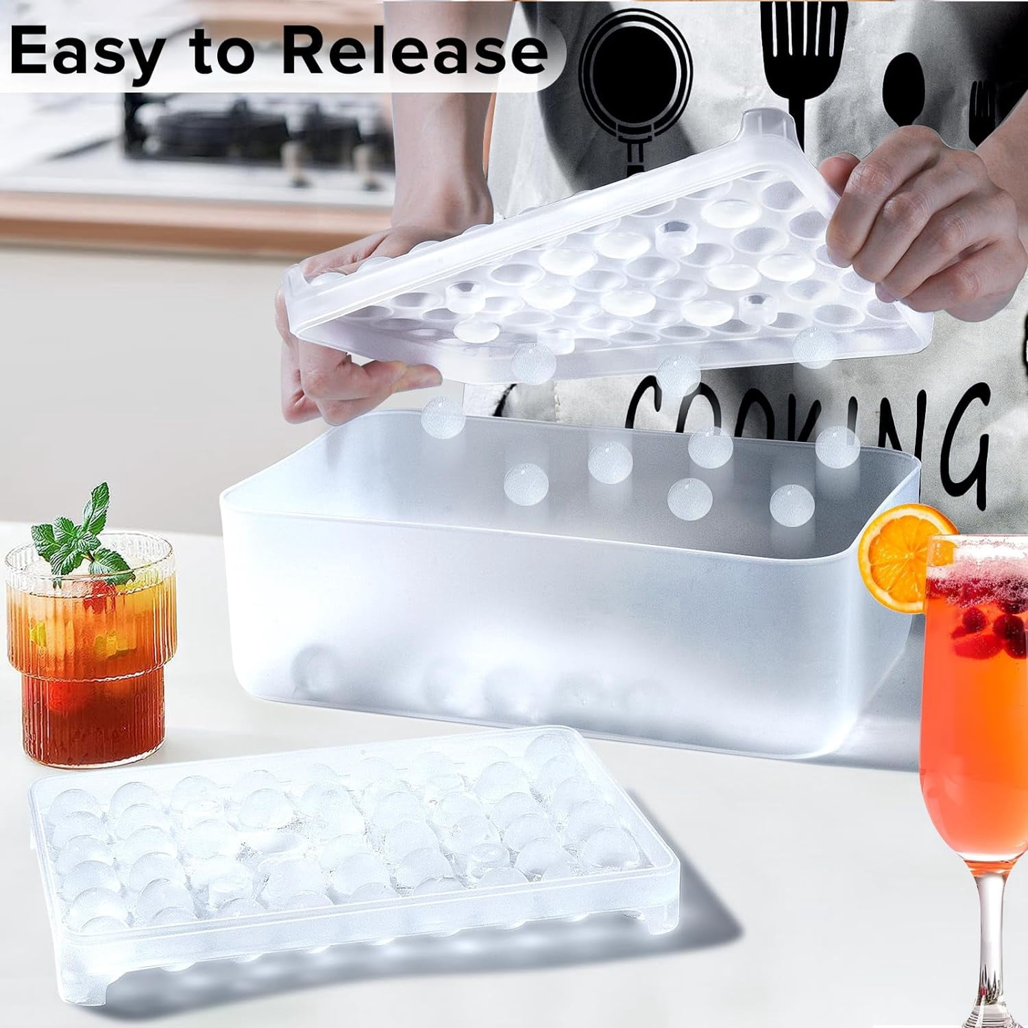 Mini Round Ice Cube Tray with Lid and Bin, 2 pack Silicone Ice Cube Trays for Freezer,Circle Ice Mold,Ice Trays for Freezer Making 100pcs 20mm Sphere Ice Balls Chilling Cocktail Whiskey Coffee