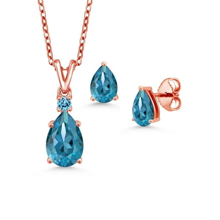 Gem Stone King 4.12 Ct London Blue Topaz 18K Rose Gold Plated Silver Pendant with Chain Earrings Set