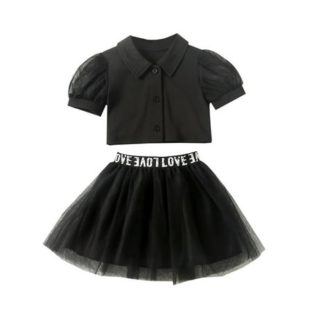 

GWAABD Childrens Clothes Black Polyester Kids Toddler Baby Girls Summer Set Short Bubble Sleeve Solid Tops Letter Tulle Tutu Skirt Outfits Set 130
